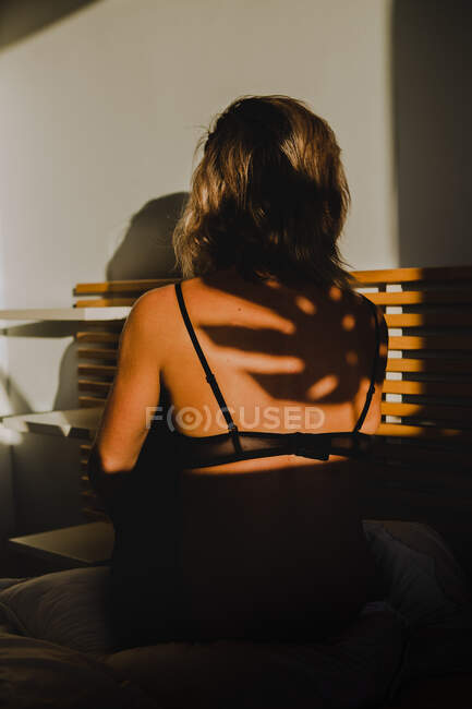 Задний вид чувственной красивой женщины, играющей между светом и тенью в нижнем белье — стоковое фото