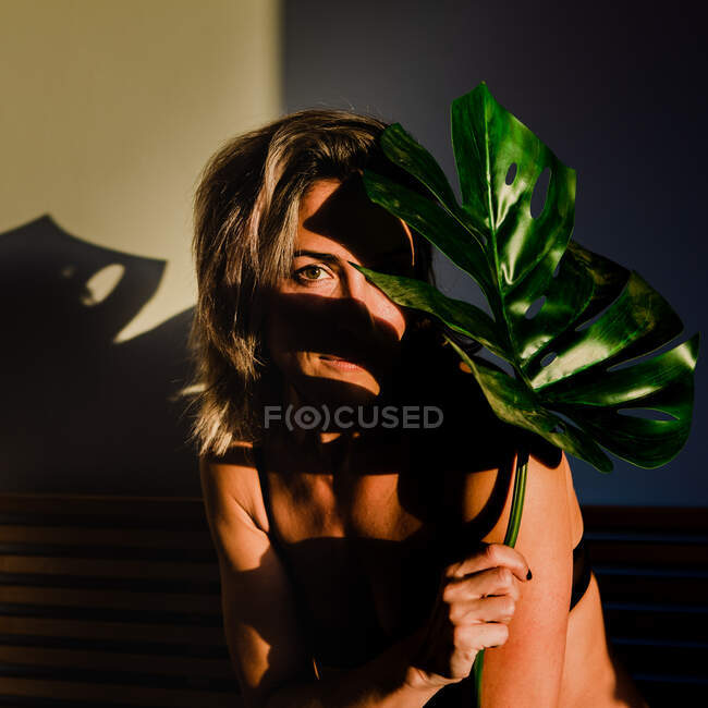 Sinnliche hübsche Frau, die in Dessous mit Pflanzenblatt zwischen Licht und Schatten spielt — Stockfoto
