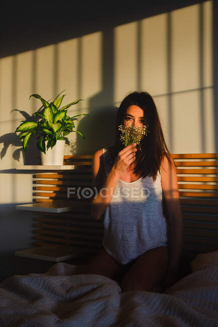Shoot of a sensual pretty woman smelling flowers between light and shadow on bed — Stock Photo