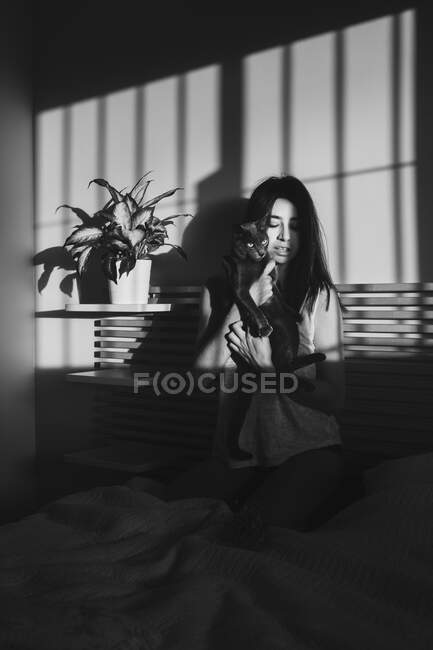 Black and white shoot of a woman cuddling cute cat in shelf of bedroom near bed with light and shadows — Stock Photo