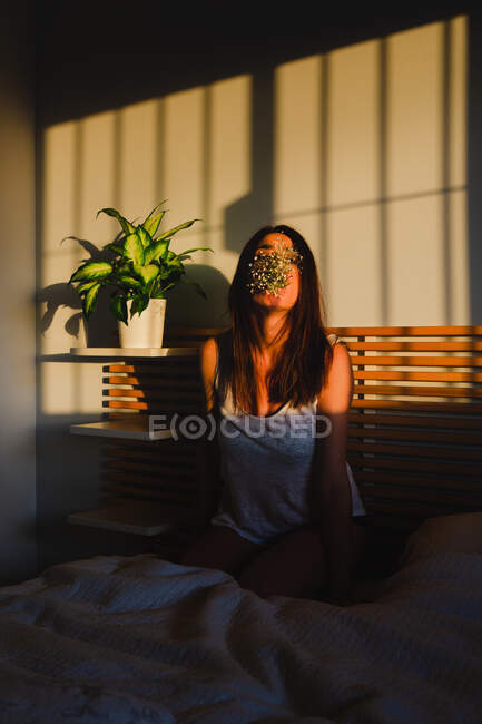 Shooting einer sinnlichen hübschen Frau, die Blumen zwischen Licht und Schatten auf dem Bett riecht — Stockfoto