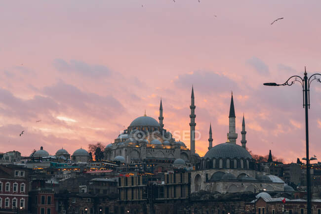 Moschee invecchiate ed edifici residenziali situati contro il cielo nuvoloso al tramonto con uccelli volanti in serata in Turchia — Foto stock