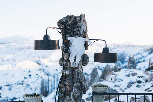 Rustico lampioni di legno invecchiato con teschio animale contro altopiano nevoso sfocato nella soleggiata giornata invernale — Foto stock