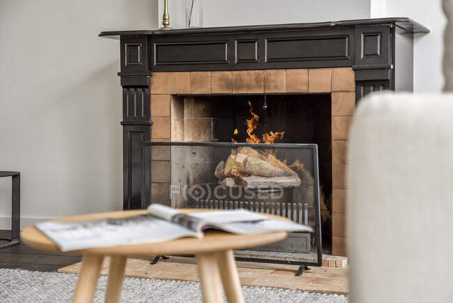 Bright dining room with decorative fireplace and table — Stock Photo