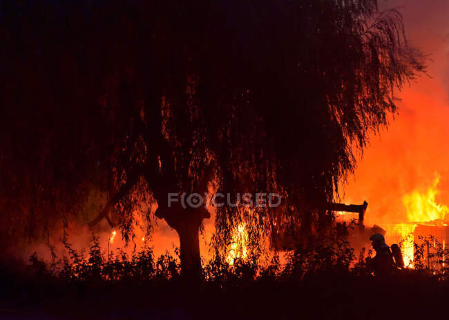 Bombeiro anônimo em uniforme apagando fogo brilhante na floresta na noite escura — Fotografia de Stock