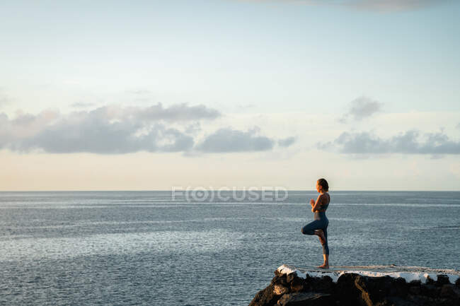 Seitenansicht einer nicht wiederzuerkennenden Frau, die in Vrksasana-Pose steht, während sie abends Yoga auf Felsbrocken gegen den wogenden Ozean praktiziert — Stockfoto