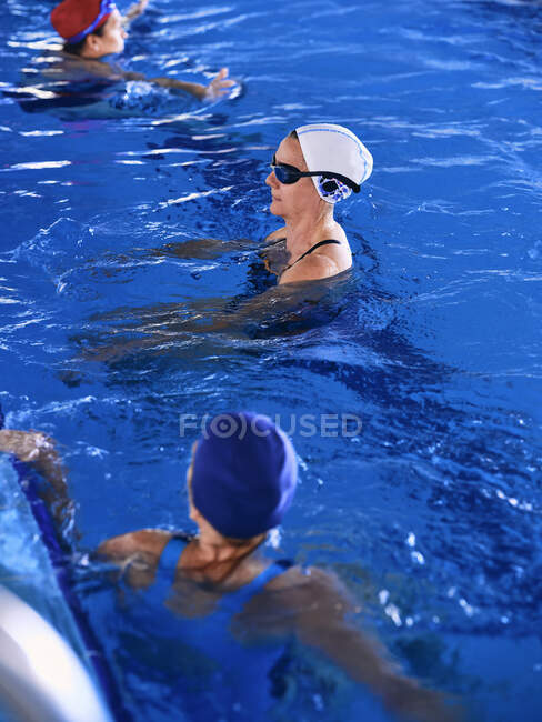Самки середнього віку плавають у басейні та тренуються під час водяної аеробіки. — стокове фото