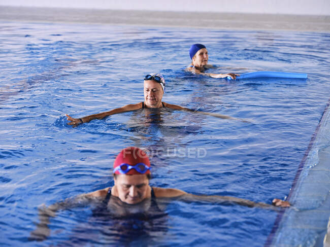 Weibchen mittleren Alters in Badebekleidung schwimmen im Pool und trainieren gemeinsam bei der Wassergymnastik — Stockfoto