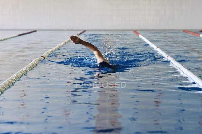 Anonymous male swimming in crawl style in pool during training — Stock Photo