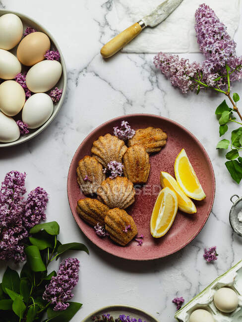Overhead view of tasty madeleines with fresh lemon pieces and Lavandula flowers between icing sugar in sieve and eggs — Stock Photo