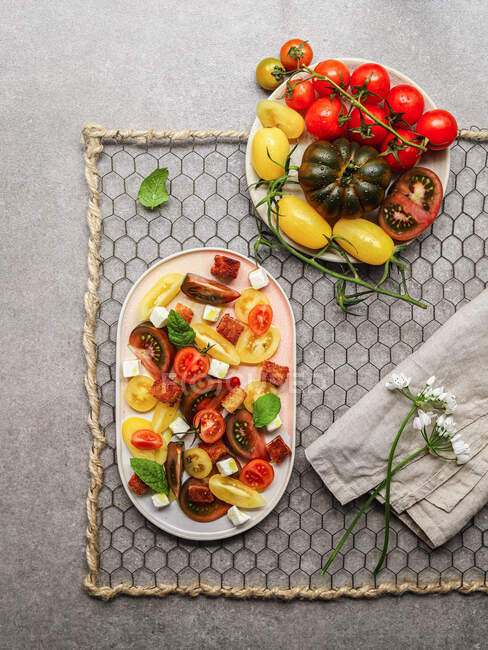 Верхний вид вегетарианского томатного салата с кубиками сыра фета подается на тарелке на сером бетонном столе — стоковое фото