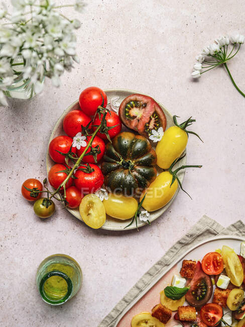 Vista superior da salada de tomate vegetariana na placa na mesa de concreto cinza — Fotografia de Stock