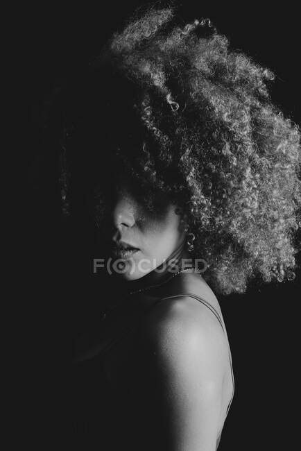 Black and white charming African American female model with curly hair  looking at camera in dark studio — crop, tranquil - Stock Photo | #514331024