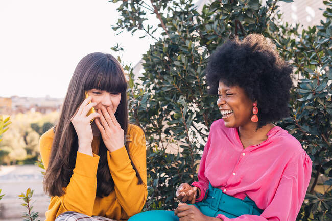 Noir souriant lesbienne femme regardant petite amie assise dans le parc et parlant sur smartphone pendant le week-end — Photo de stock