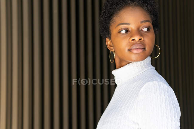 Vista lateral de la hembra afroamericana sin emociones en suéter de moda mirando hacia otro lado contra la pared del edificio a rayas en la calle - foto de stock