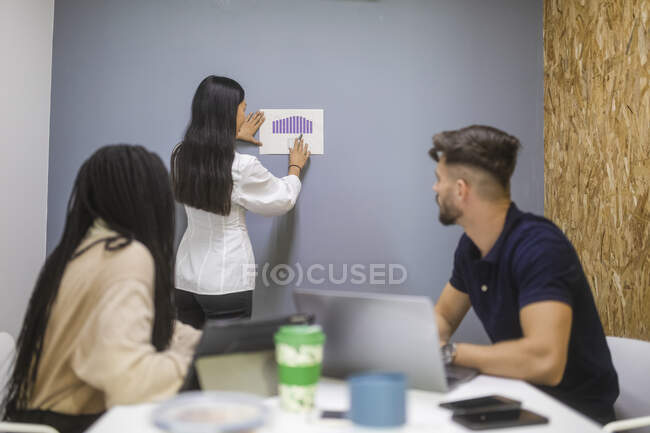 Femme expliquant le diagramme pour les collègues lors d'une réunion dans un lieu de travail moderne tout en travaillant sur une nouvelle stratégie d'entreprise — Photo de stock
