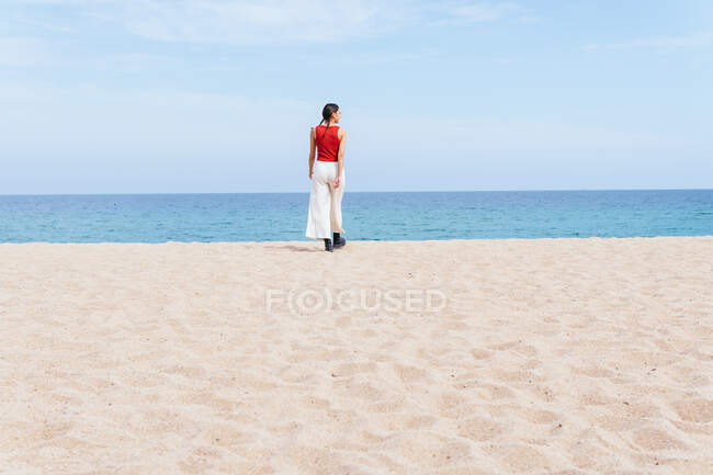 Обратный вид женщины в летней одежде, идущей по песчаному берегу к спокойному голубому морю в солнечный день — стоковое фото