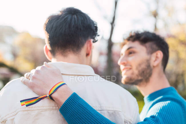 Back view of loving LGBT couple of males hugging and kissing in park on sunny day — Stock Photo