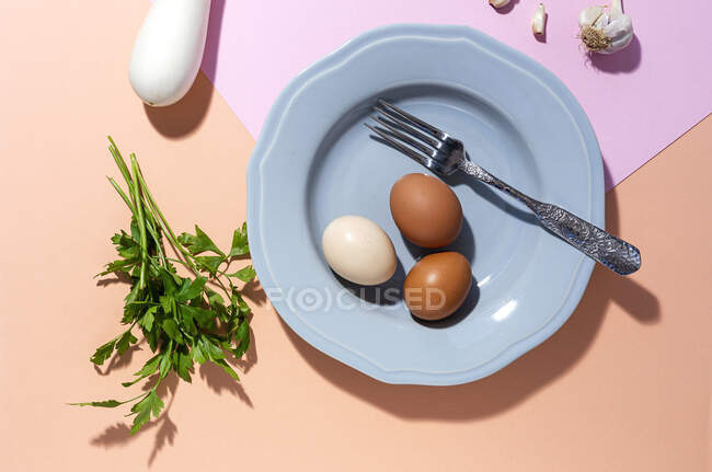 Ansicht von Hühnereiern auf Teller mit Gabel gegen frische Petersilienzweige auf zweifarbigem Hintergrund — Stockfoto