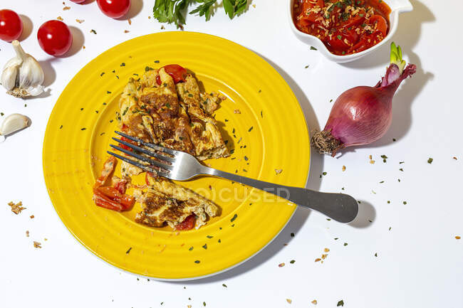 Смачний омлет з нарізаною петрушкою на тарілці проти сухих помідорів і сира червона цибуля на білому тлі. — стокове фото