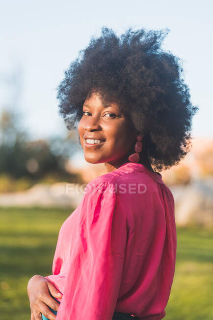 Side view of charming African American female with curly hair smiling at camera while standing on sunny day in park — Stock Photo