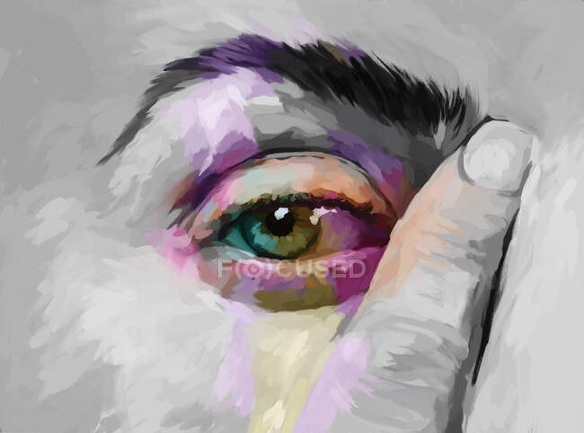 Creative painted illustration of frustrated female covering eye while being in melancholic mood — Stock Photo