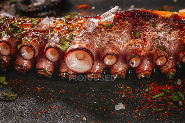 Delicioso tentáculo de polvo grelhado servido com especiarias em placa de madeira — Fotografia de Stock