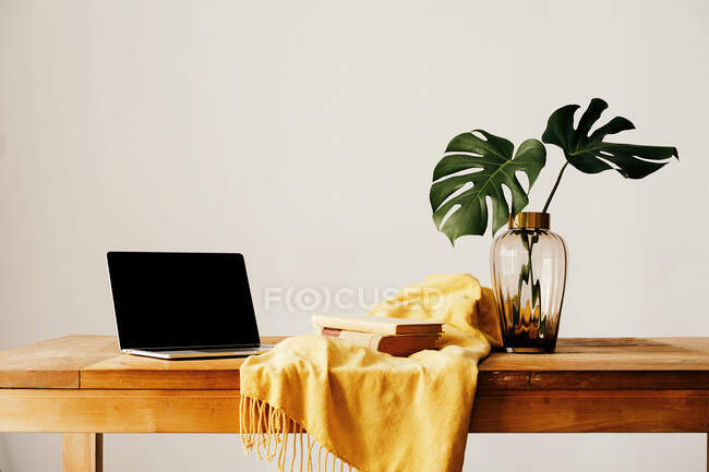 Lieu de travail moderne avec ordinateur portable et livres sur bureau en bois avec feuillage vert dans un vase en verre et tissu jaune contre mur blanc — Photo de stock