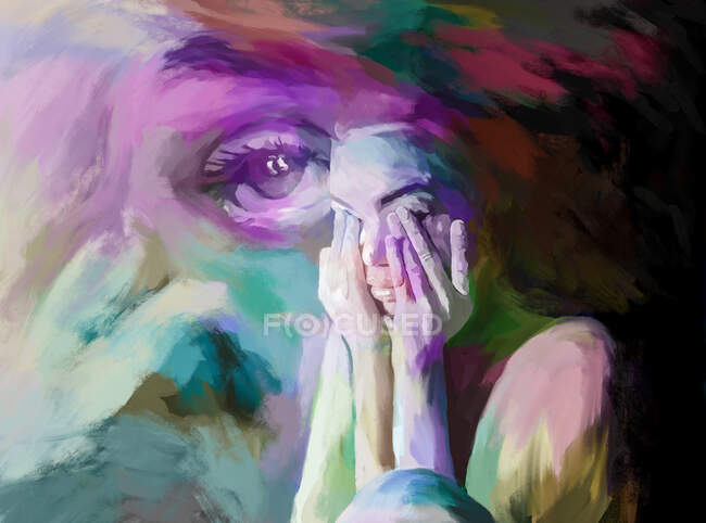 Creative painted illustration of frustrated female covering eyes while being in melancholic mood — Stock Photo