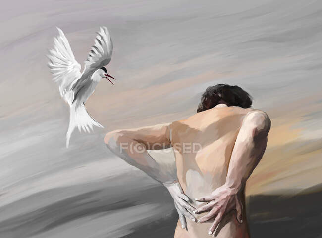 Painted illustration of male with naked torso and white soaring bird on gray background — Stock Photo