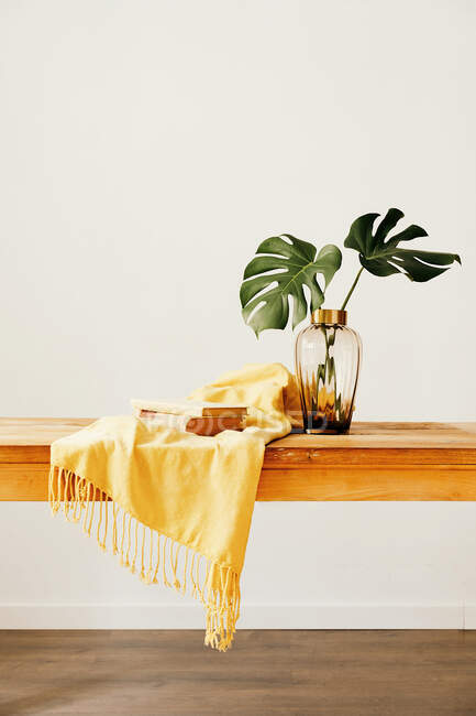 Склад свіжих зелених рослин у скляній вазі та складених книгах з жовтим текстилем на дерев'яному столі на білому тлі — стокове фото