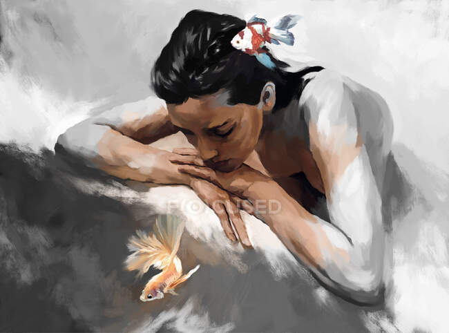 Creative painted illustration of nude thoughtful woman leaning on hands and watching colorful fish — Stock Photo