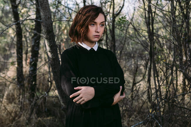 Безсоромна жінка у довгій чорній сукні, що стоїть восени лісу під час святкування Галовіна. — стокове фото