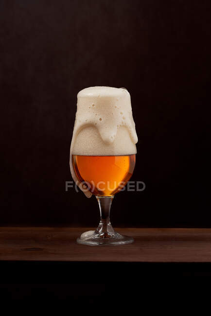 Freshly brewed foamy beer in tulip glass placed on wooden counter against brown background — Stock Photo