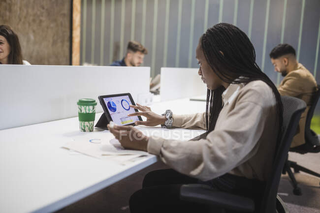 Сторона зору зосереджена афроамериканська жінка-працівниця, яка використовує планшет, сидячи за столом і співпрацюючи з багаторасовими колегами. — стокове фото