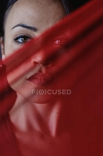 Обрізати молоду жінку з червоними губами дивиться на камеру за прозорим текстилем з сукнями — стокове фото