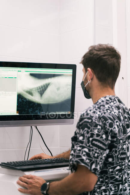 Vista lateral del médico veterinario masculino irreconocible que analiza la imagen de rayos X del animal en el monitor de la computadora mientras trabaja en la clínica - foto de stock