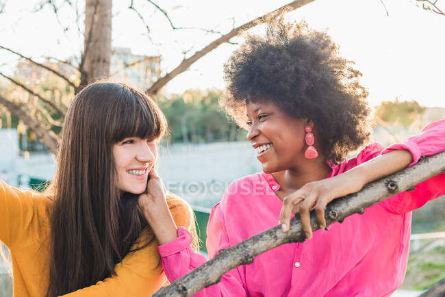 Tender mulher negra tocando rosto de namorada lésbica, enquanto de pé no jardim de verão e olhando uns para os outros — Fotografia de Stock
