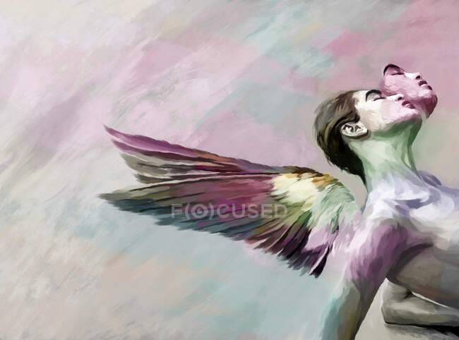 Ilustración pintada de hembra desnuda despreocupada con alas coloridas de pájaro soñando con ojos cerrados - foto de stock
