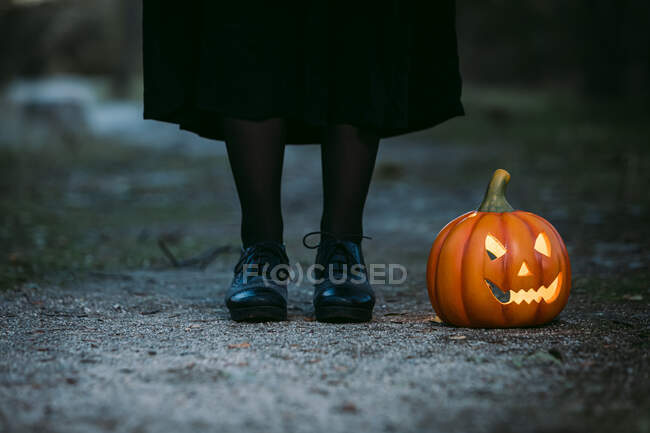 Recorte hembra irreconocible en maxi vestido negro de pie con linterna de calabaza brillante colocado en el suelo en el bosque en Halloween - foto de stock