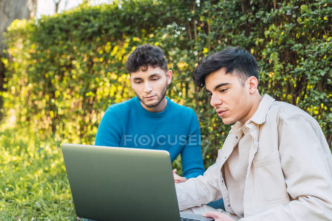 Colegas masculinos navegando netbook y trabajando en el proyecto de forma remota mientras se sienta en el césped en el parque - foto de stock