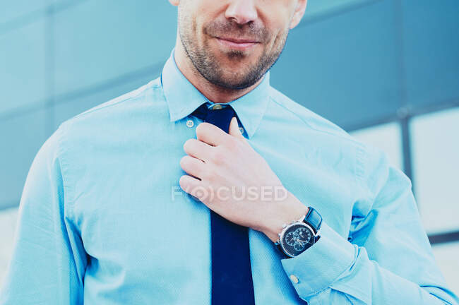 Crop irriconoscibile sorridente barbuto dirigente maschile in camicia formale e cravatta in città su sfondo sfocato — Foto stock