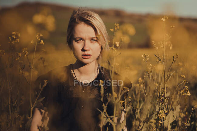 Retrato de uma bela jovem mulher com no campo olhando para câmera entre flores — Fotografia de Stock