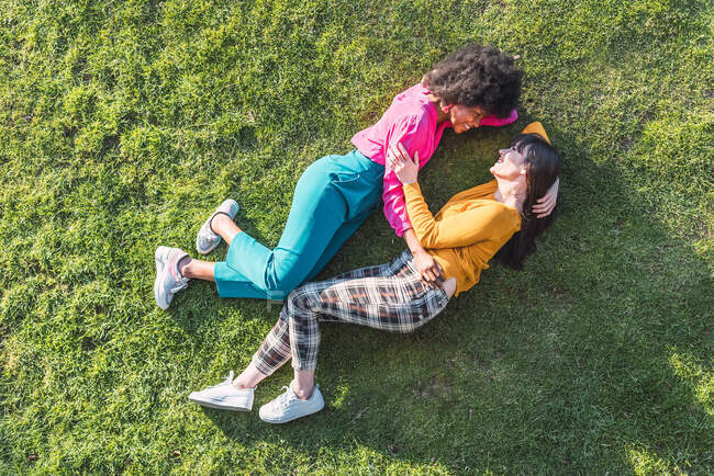 Зверху весела багатоетнічна LBGT пара самиць лежить на зеленій траві на лузі в парку і дивиться один на одного — стокове фото