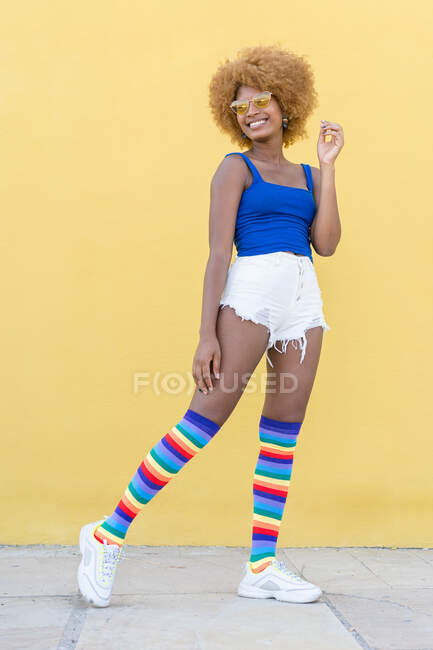 Alegre mujer afroamericana con peinado afro en ropa colorida posando  mientras está de pie contra la pared amarilla en verano — calle, Sonriendo  - Stock Photo | #514333654