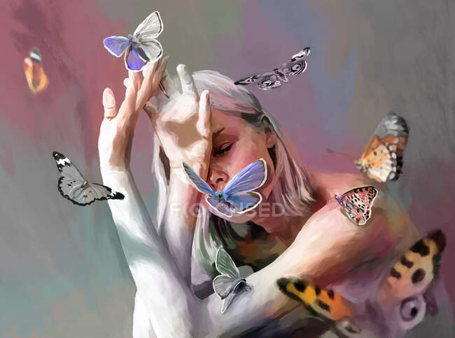 Painted illustration of colorful butterflies flying around delicate naked female with closed eyes — Stock Photo