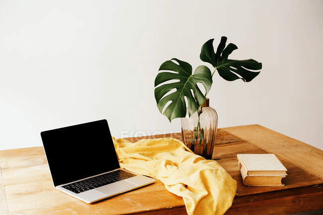 Современное рабочее место с ноутбуком и книгами на деревянном столе с зеленой листвой в стеклянной вазе и желтой тканью у белой стены — стоковое фото