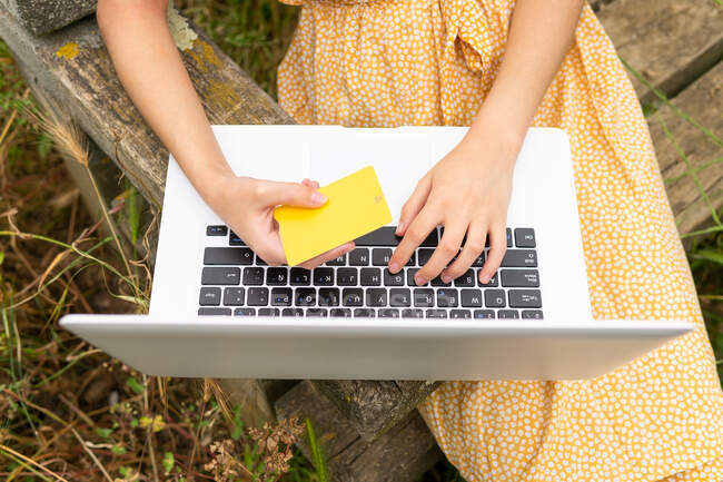 From above of crop anonymous female buyer making purchase with plastic card during online shopping via netbook while sitting on bench in park — Stock Photo
