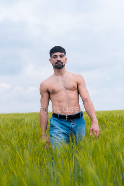 Ruhiger Mann mit nacktem muskulösen Oberkörper, der im grünen Feld vor bewölktem Himmel spaziert und in die Kamera blickt — Stockfoto