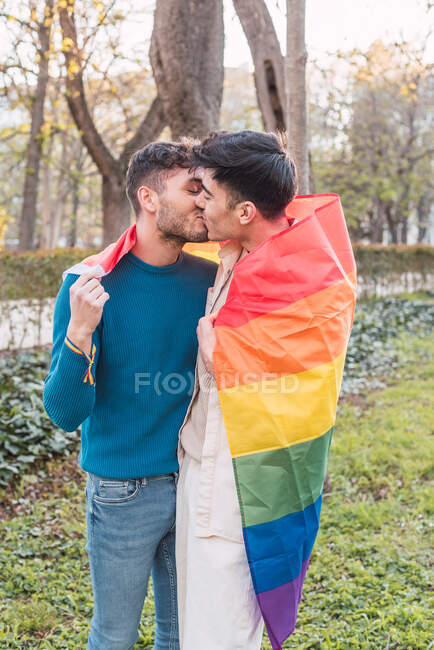 Cheerful couple of homosexual men standing with rainbow LGBT flag waving above heads in park and kissing — Stock Photo